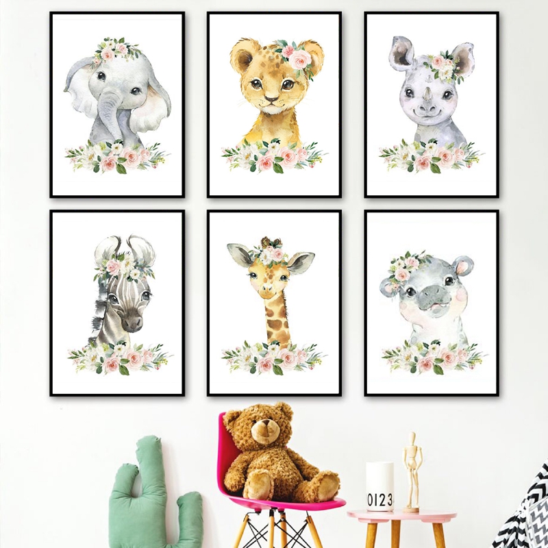 Baby Nursery Posters - Blumen-Dschungeltiere Leinwanddrucke Kinderzimmer-Dekoration Elefant Giraffe Gemälde