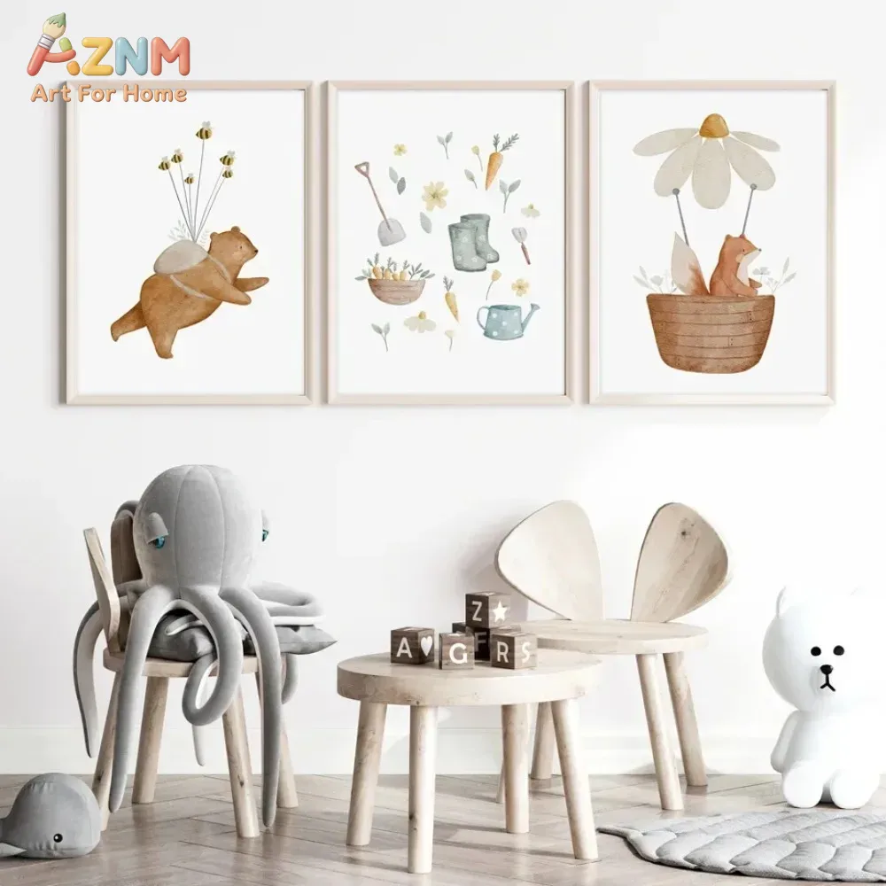 Baby Nursery Posters - AZNM Aquarell-Bär-Fuchs-Tier-Leinwand-Wandkunst, Boho-Garten-Blumen-Kinderzimmer-Druck, Poster für Kinder,