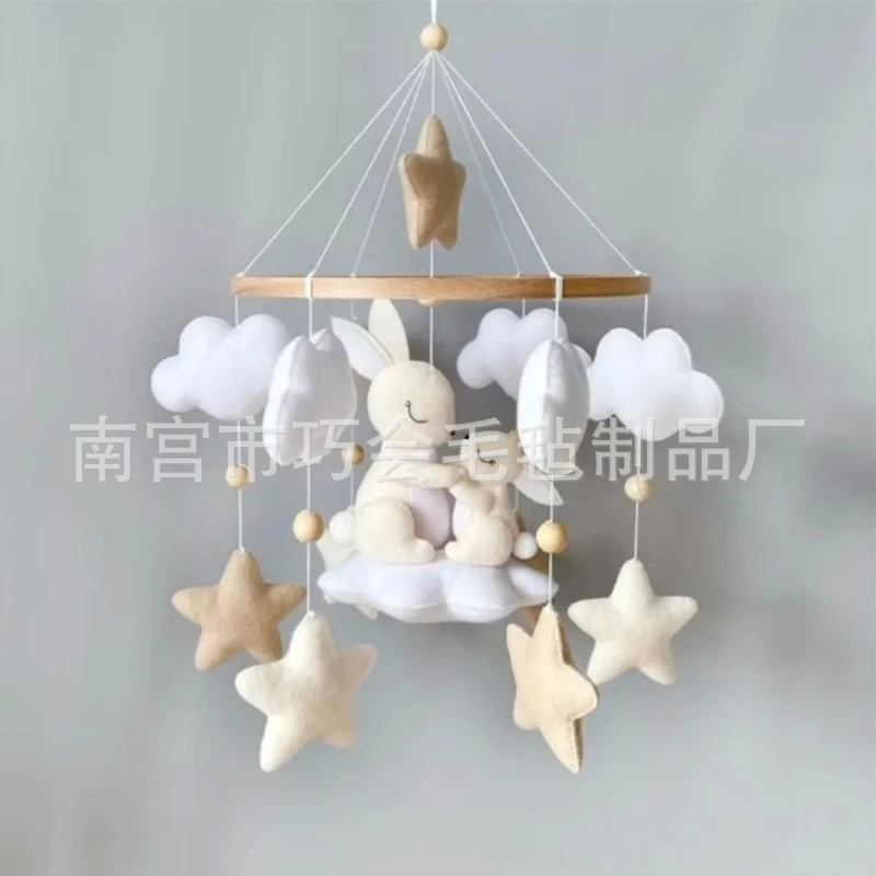 Baby Nursery Mobile - Handgefertigtes weiches Filz-Hasen-Baby-Mobile, neutrales Beige, Wolken-Stern-Holz-Mobile