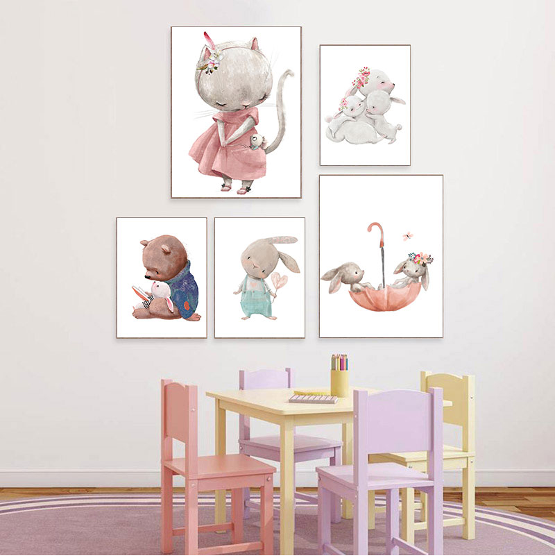 Baby Nursery Posters - 1 Stück rahmenloser dekorativer Kunstdruck, Bär-Kaninchen-Kunstdruck