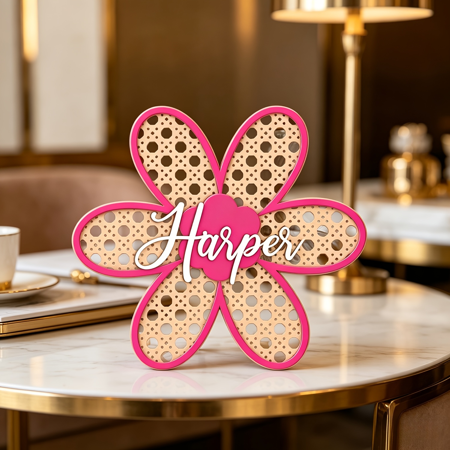Baby Nursery Name Sign - Personalisiertes Boho-Rattan-Blumen-Namensschild, Anpassbare Rosa Türplakette, Kinderzimmer-Dekoration,