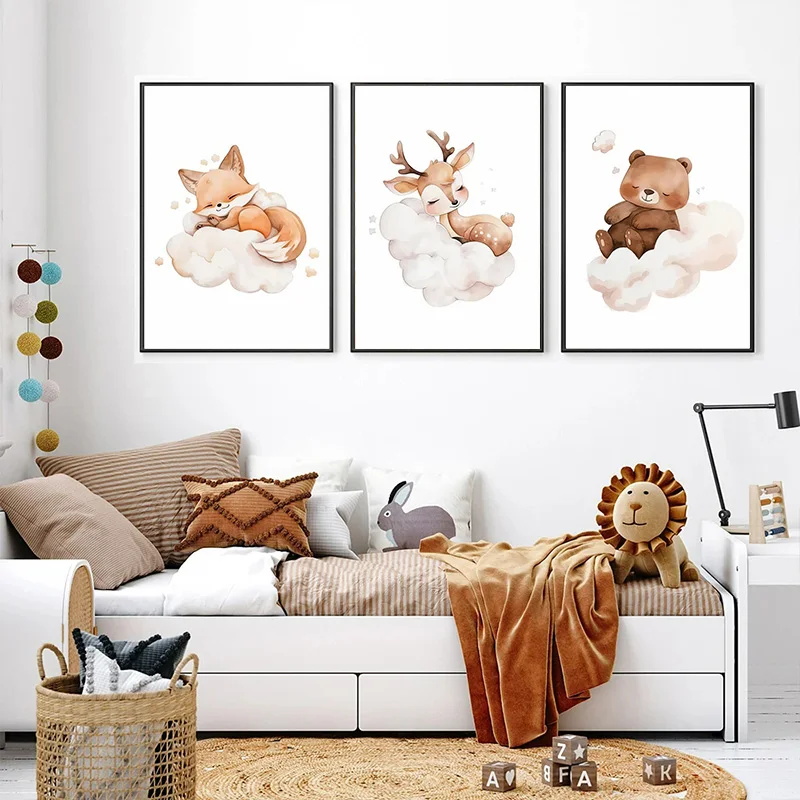 Baby Nursery Picture Frames - Wandkunst Niedlicher Waschbär Fuchs Hirsch Kinderzimmer