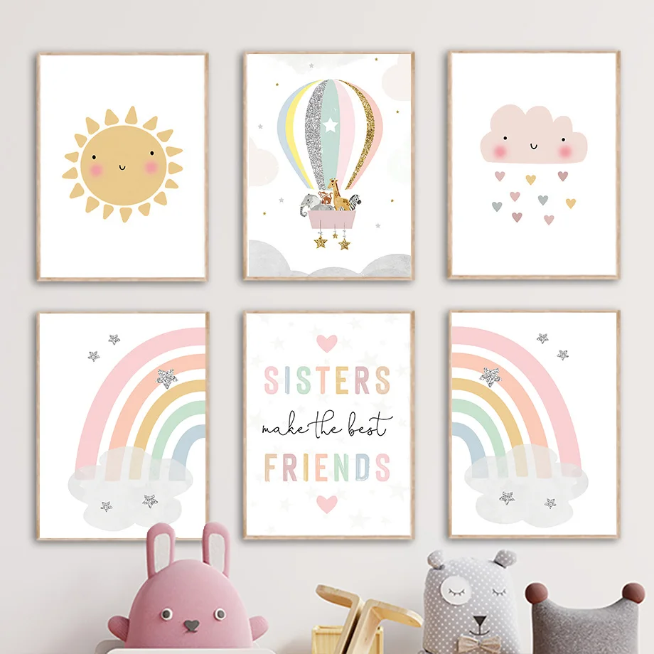 Baby Nursery Posters - Giraffe Elefant Heißluftballon Sonne Regenbogen Kinderzimmer