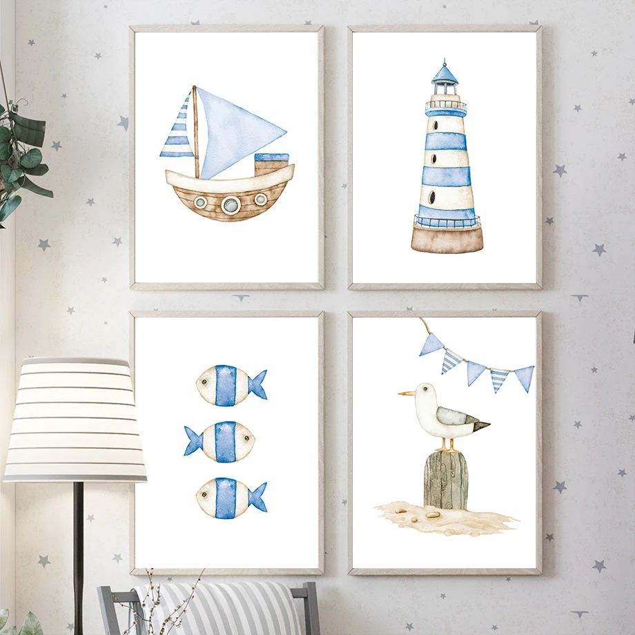 Baby Nursery Posters - Segelboot, Leuchtturm, Fisch, nautische Kinderzimmer-Poster und