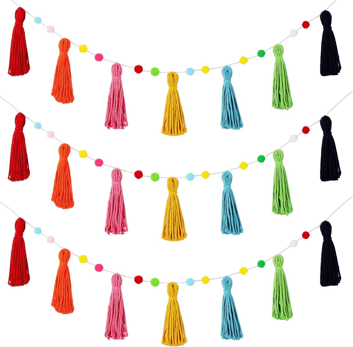 Baby Nursery Garland - 3-teilige bunte Regenbogen-Boho-Quastengirlande, Bommel, Klassenzimmer-Girlande, Quaste,