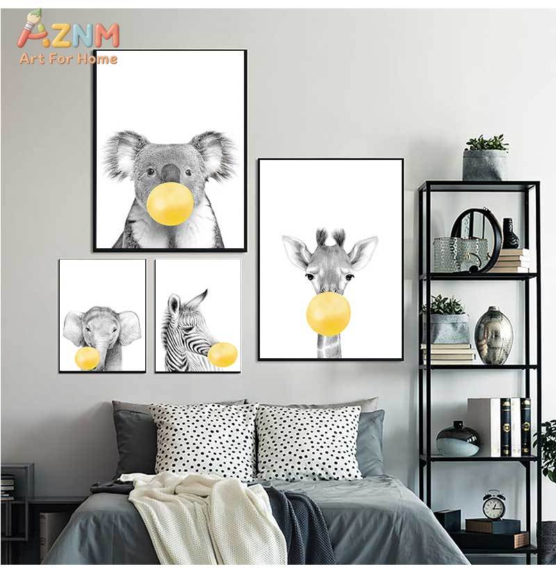 Baby Nursery Yellow - Baby Kinderzimmer Gelbe Ballons Tier Wandkunst