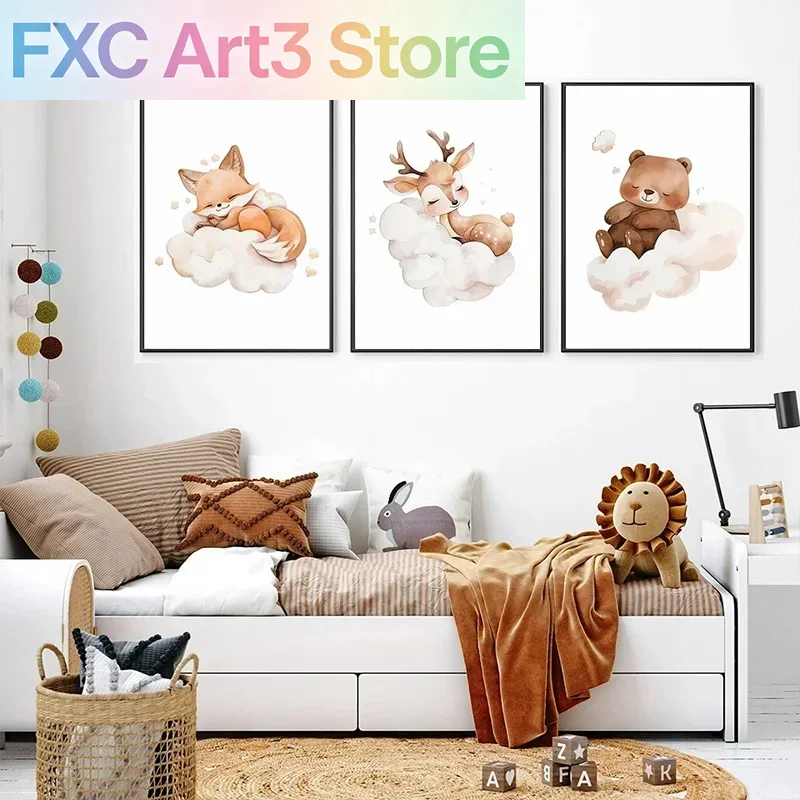 Baby Nursery Picture Frames - 1 Stück rahmenlose Cartoon-Wolken-Tier-Leinwand-Wandkunst, niedliches Waschbär-,