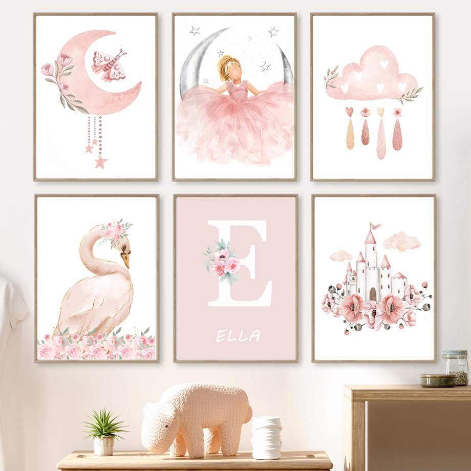 Baby Nursery Posters - Rosa Engel Mädchen Sonne Mond Wolke