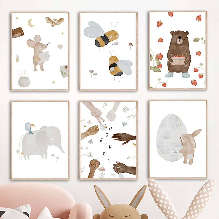 Baby Nursery Posters - Boho Tierfreunde Elefant Hase Bär Hirsch