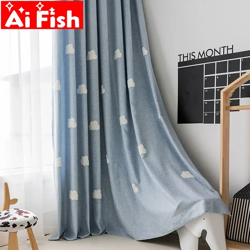 Blackout Curtain Nursery - Gestickter wolkenblauer Vorhangstoff, Fensterschutz für Kinderzimmer,