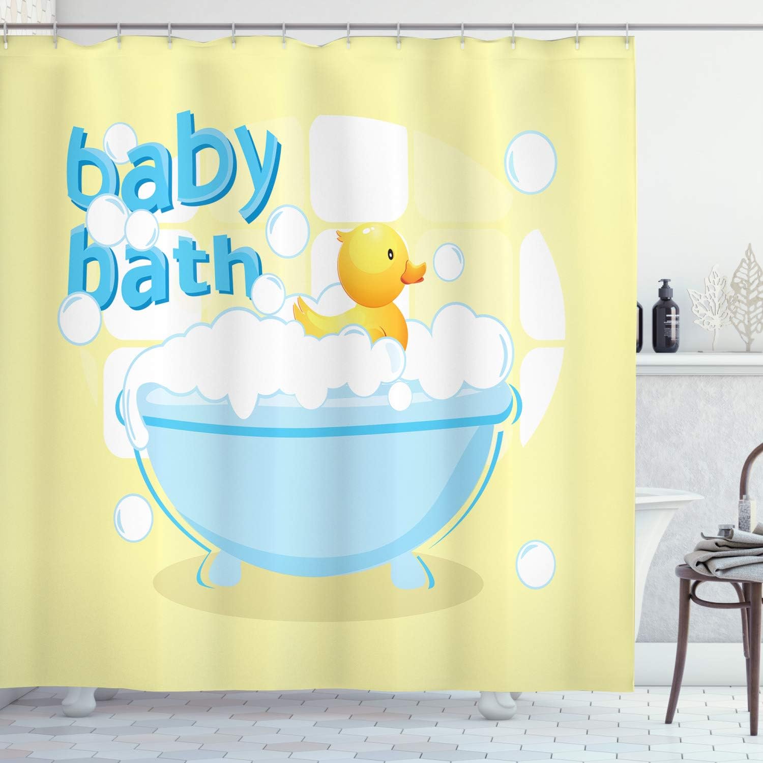 Baby Nursery Yellow - Gelber Baby-Badevorhang mit Lustigem Design, Wasserdichter