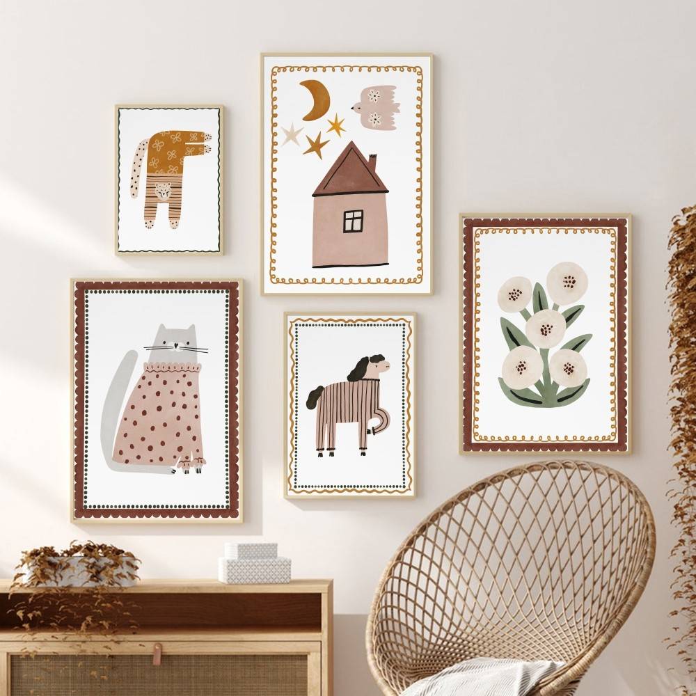 Baby Nursery Wallpaper Neutral - Neutrales Boho Kinderposter Niedliche Katze Pferd