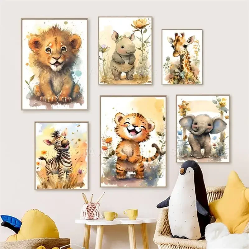 Baby Nursery Posters - Aquarell Löwe Giraffe Tiger Elefant Zebra