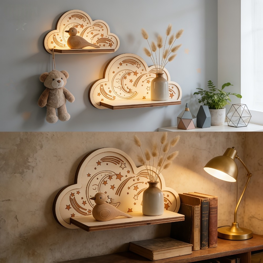 Baby Nursery Hooks - Hölzernes Wolken-Wandregal mit Stern und Mond,