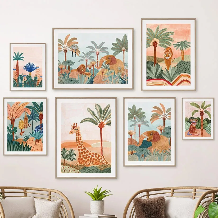 Baby Nursery Paintings - Boho Dschungeltiere Tiger Affe Giraffe Kokospalme