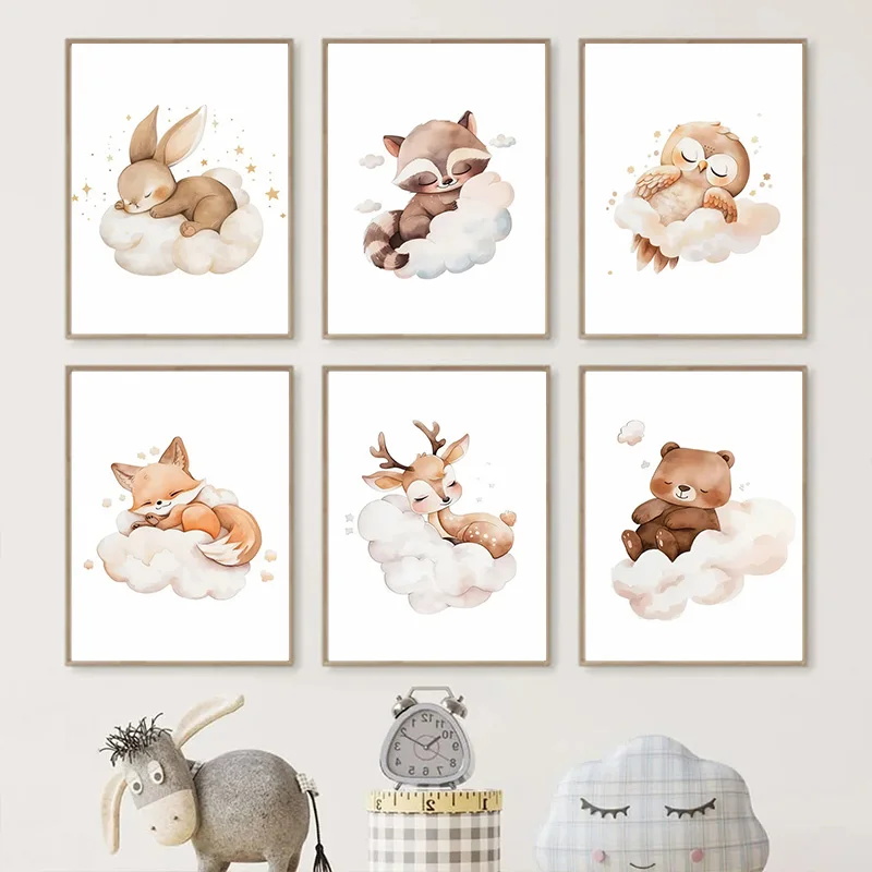 Baby Nursery Picture Frames - Cartoon Wolken Tier Leinwandbild Wandkunst Niedlicher