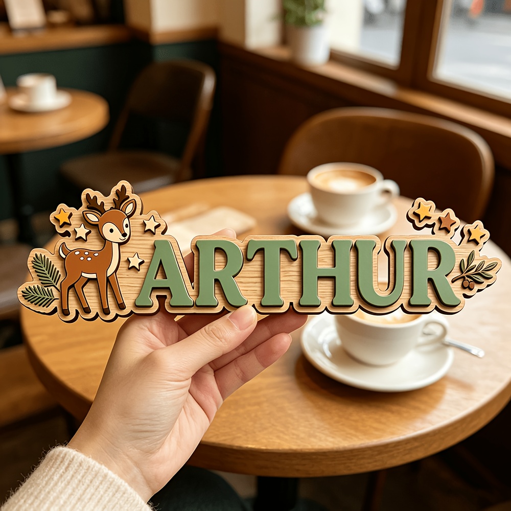 Baby Nursery Name Sign - Personalisiertes Hirsch- und Stern-Holznamensschild, Individuelles Waldland-Türschild,