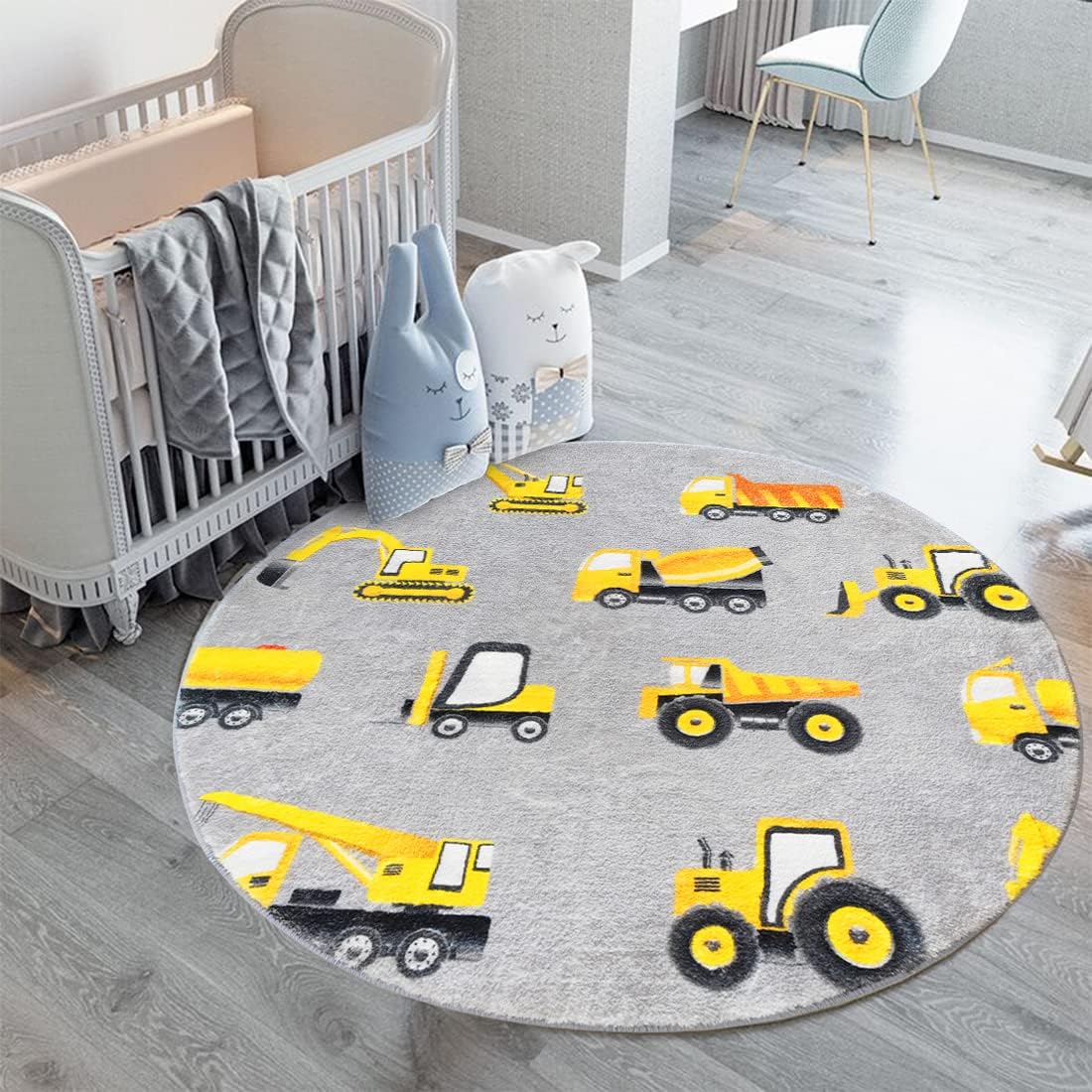 Baby Nursery Yellow - Grauer Baufahrzeug-Rundteppich mit Gelben Baggern und