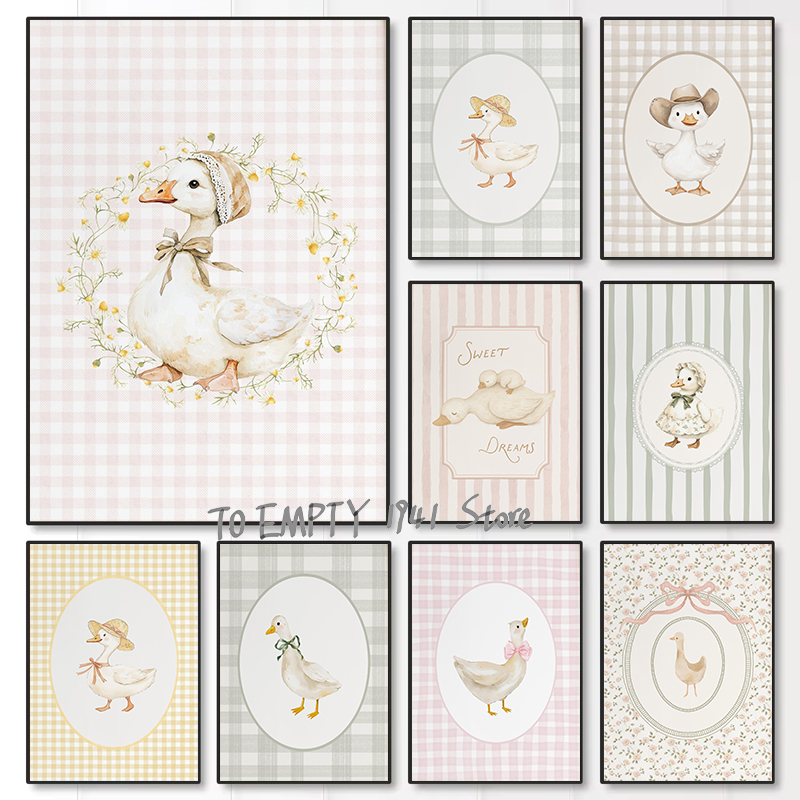 Baby Nursery Posters - Niedliche Gänse und Enten: Gingham-Farmtier-Poster auf