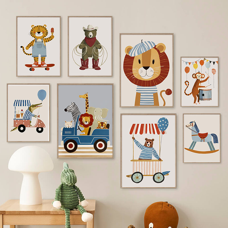 Baby Nursery Posters - Lustige Cartoon-Tier Auto Ballon Kinderzimmer Wandkunst