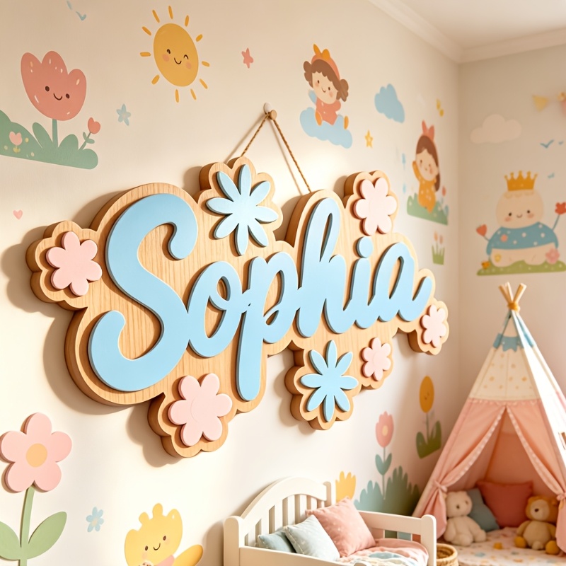 Baby Nursery Name Sign - Personalisiertes Namensschild mit Blumenmotiv, Anpassbare Pastellfarbene