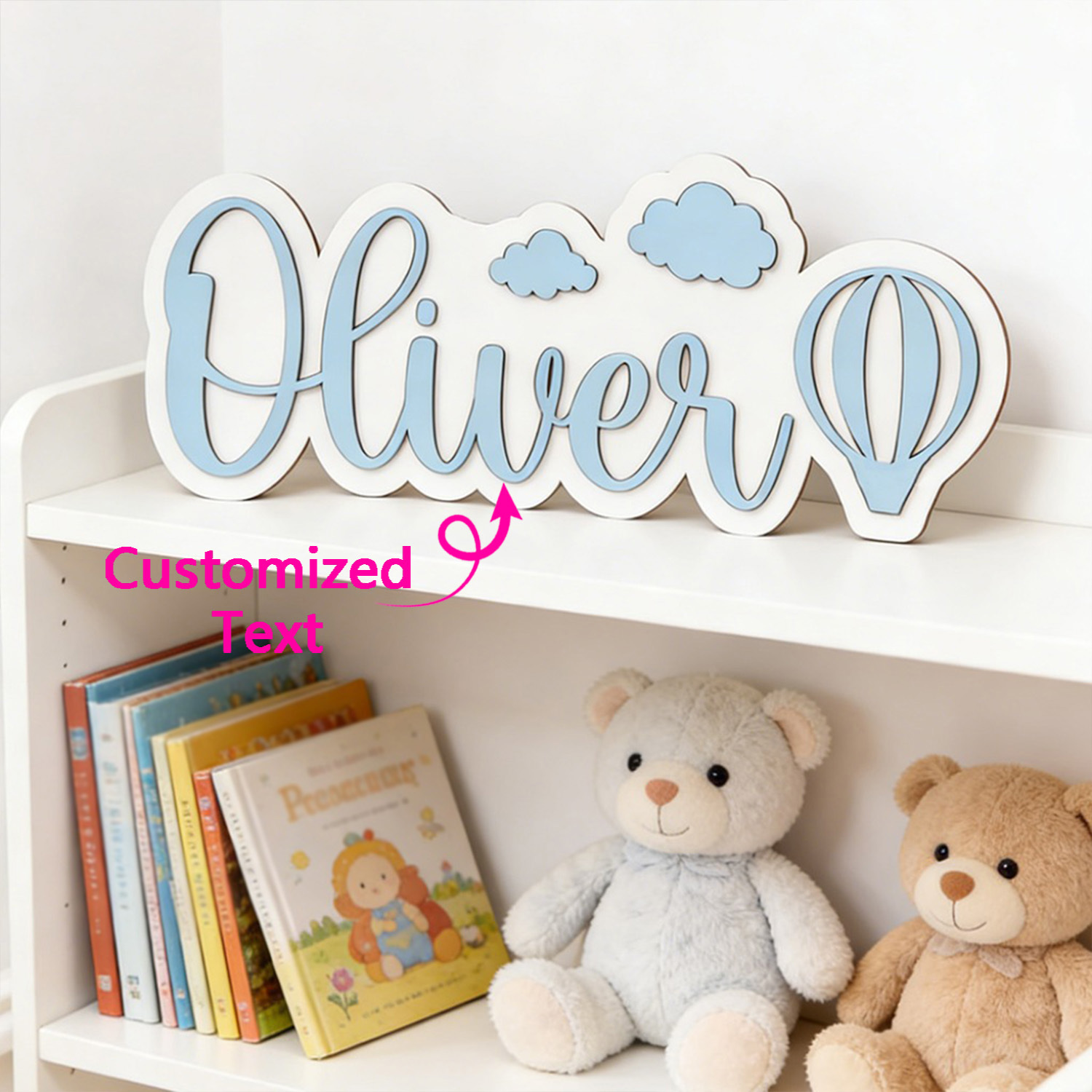 Baby Nursery Name Sign - Personalisiertes Heißluftballon- & Wolken-Namensschild, Anpassbare Pastellblaue