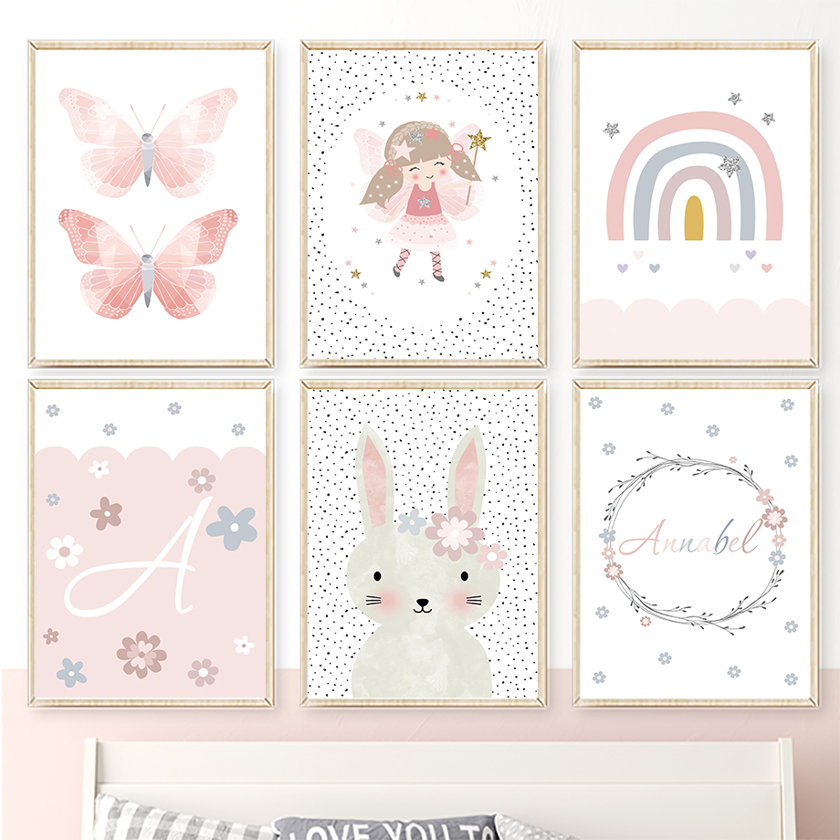 Baby Nursery Posters - Niedliche Mädchen-Wandkunst mit Kaninchen, Blumen, Schmetterlingen