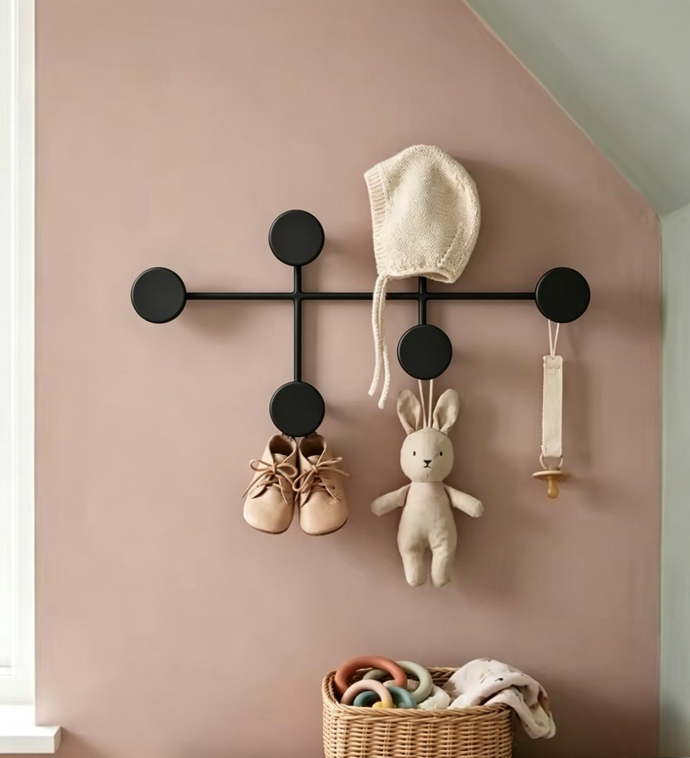 Baby Nursery Hooks - Moderne Schwarze Metall-Wandgarderobe, 5 Haken Runde