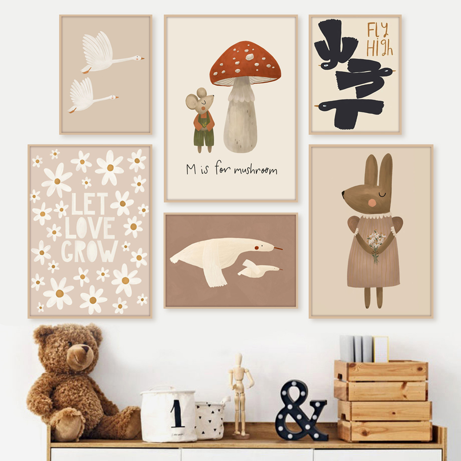 Baby Nursery Picture Frames - Boho Cartoon Kaninchen Maus Gans Poster