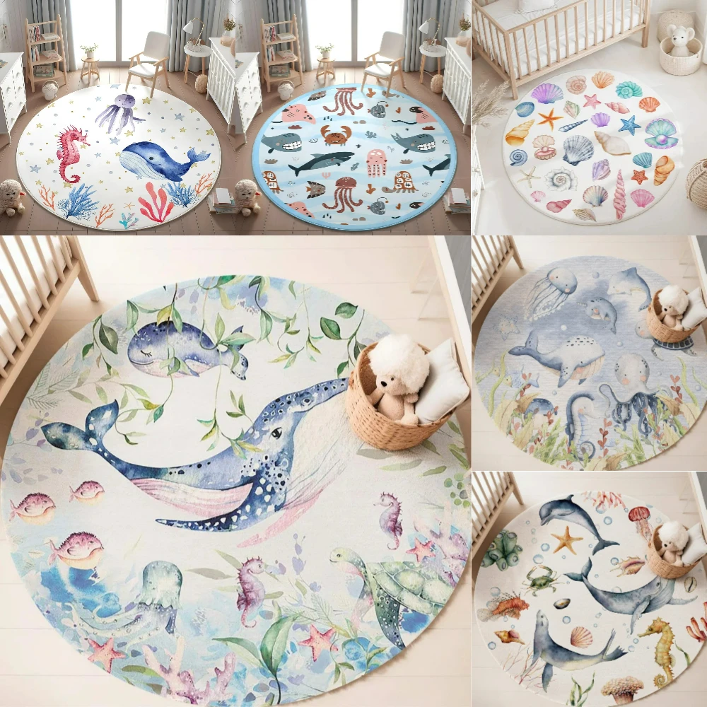 Baby Nursery Sets - Blauer runder Teppich mit Meerestieren für