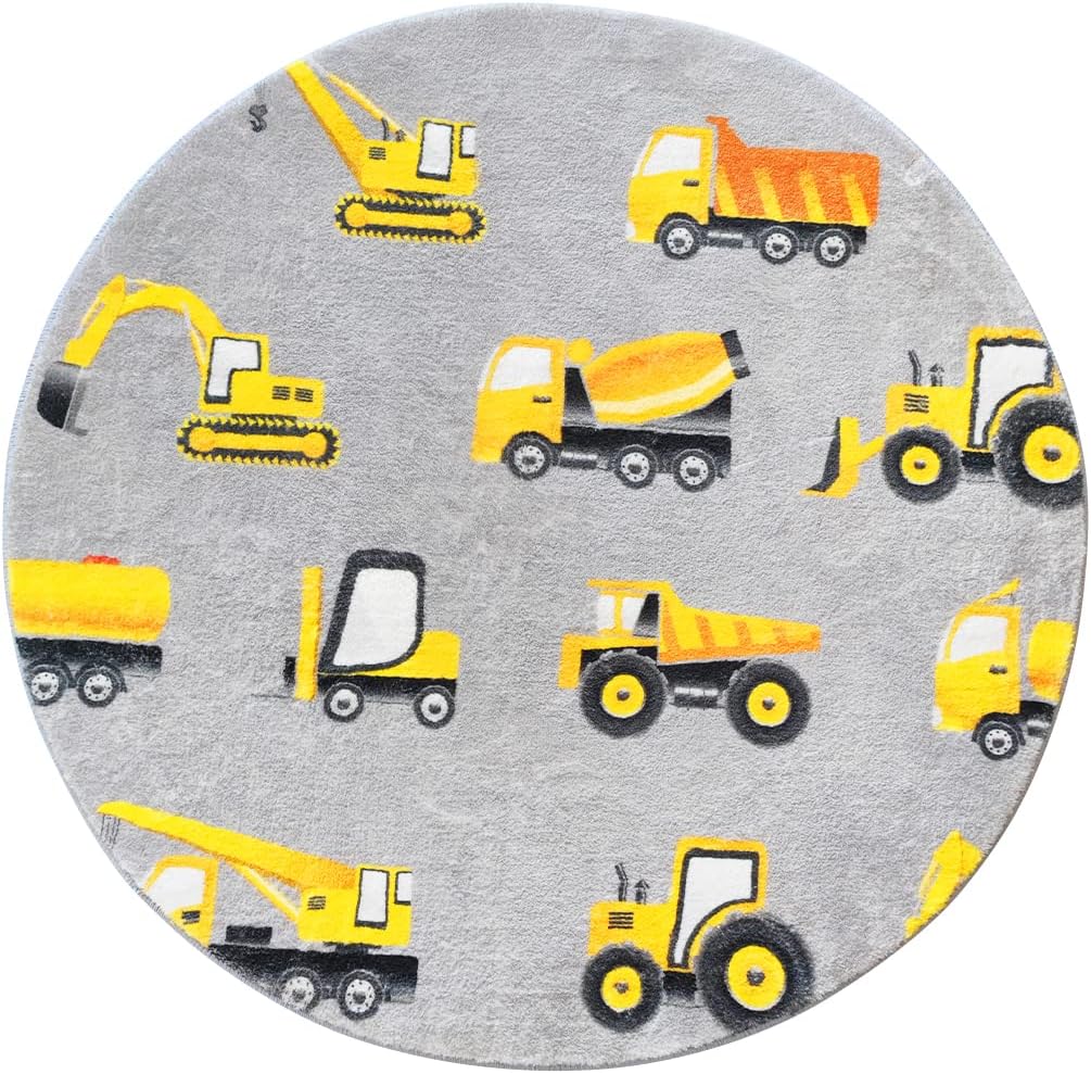 Grauer Baufahrzeug-Rundteppich – Baby Nursery Yellow Bewertung und Preis