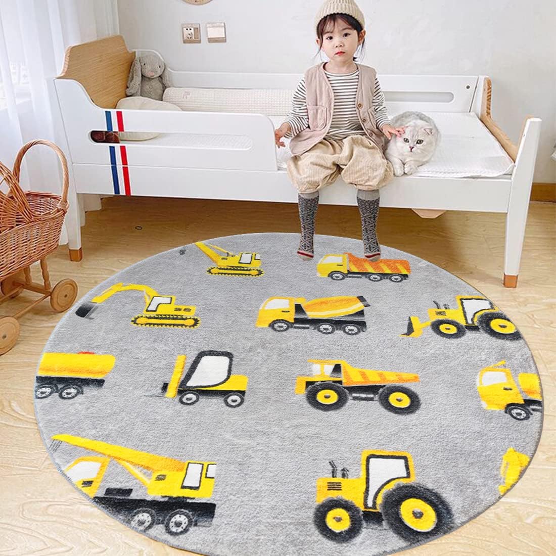 Grauer Baufahrzeug-Rundteppich – Baby Nursery Yellow Bewertung und Preis