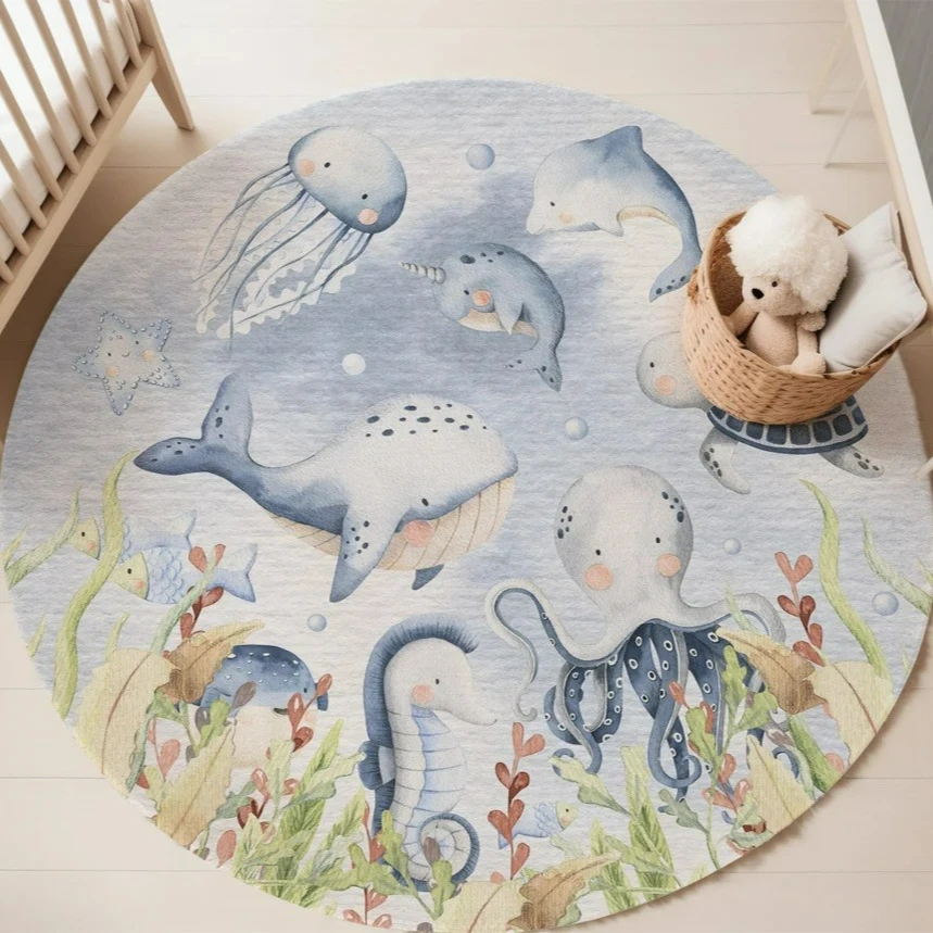 Blauer runder Teppich mit Meer – Baby Nursery Sets Bewertung und Preis
